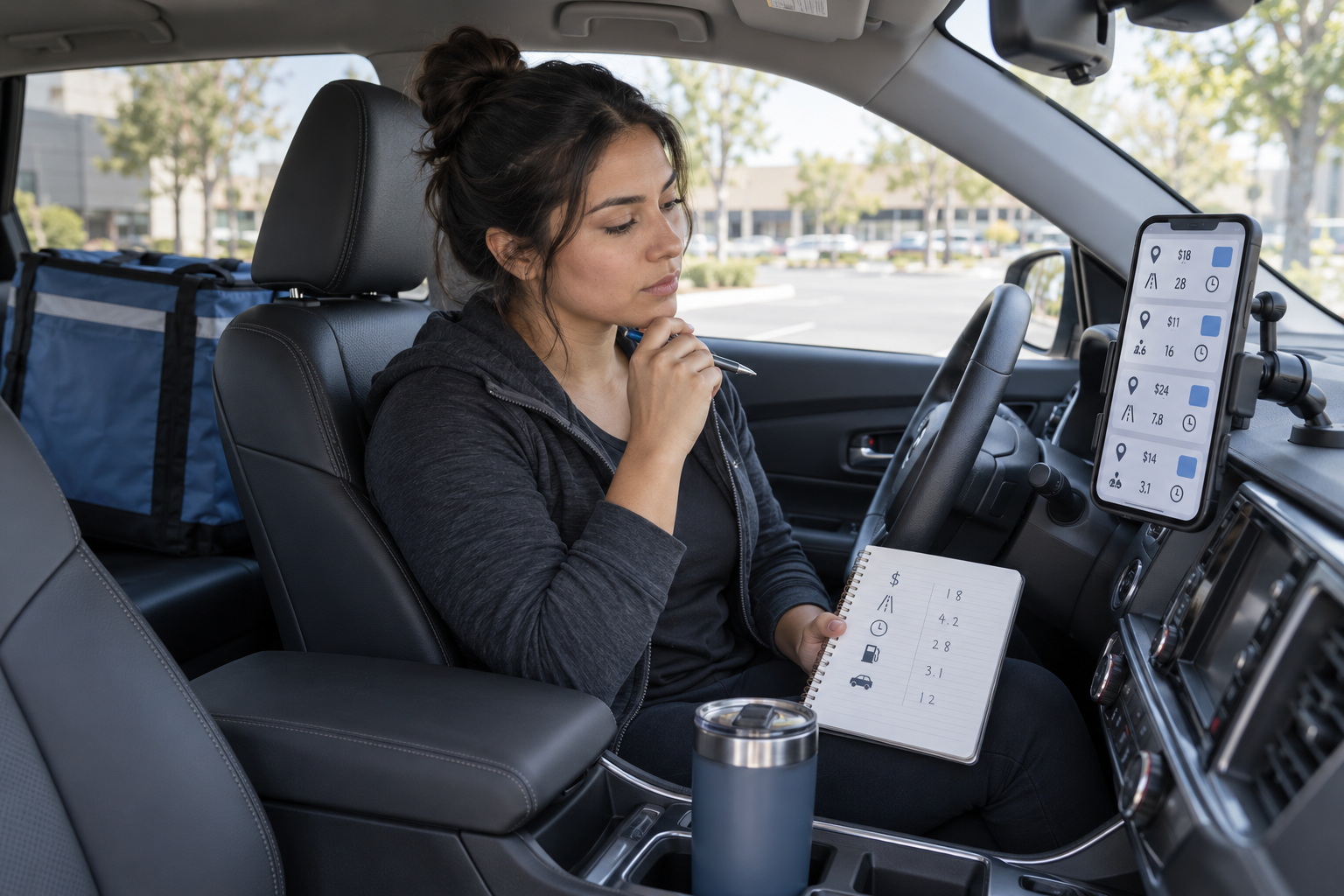 Delivery driver comparing earnings, mileage, time, and vehicle costs across several delivery apps