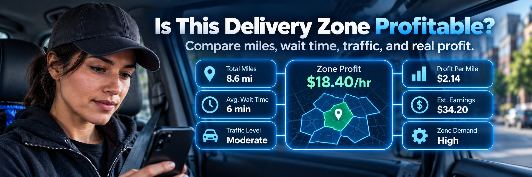 City map with busy delivery zones highlighted while a driver compares areas