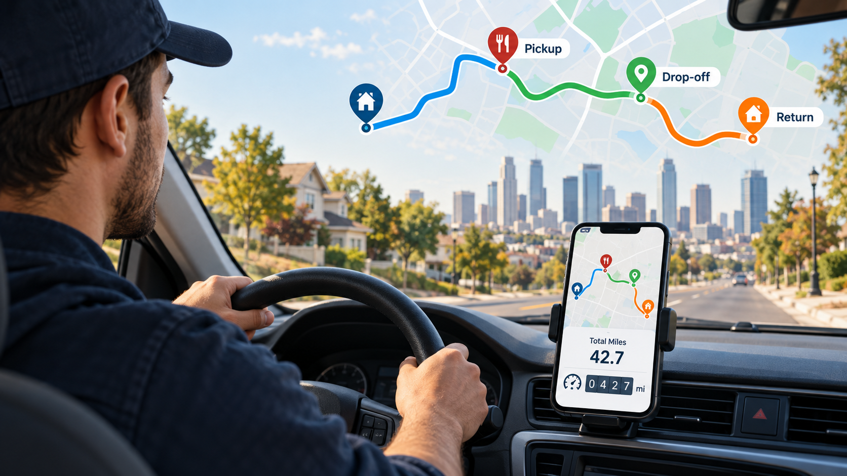 Delivery driver recording the vehicle odometer and work mileage before beginning a delivery shift
