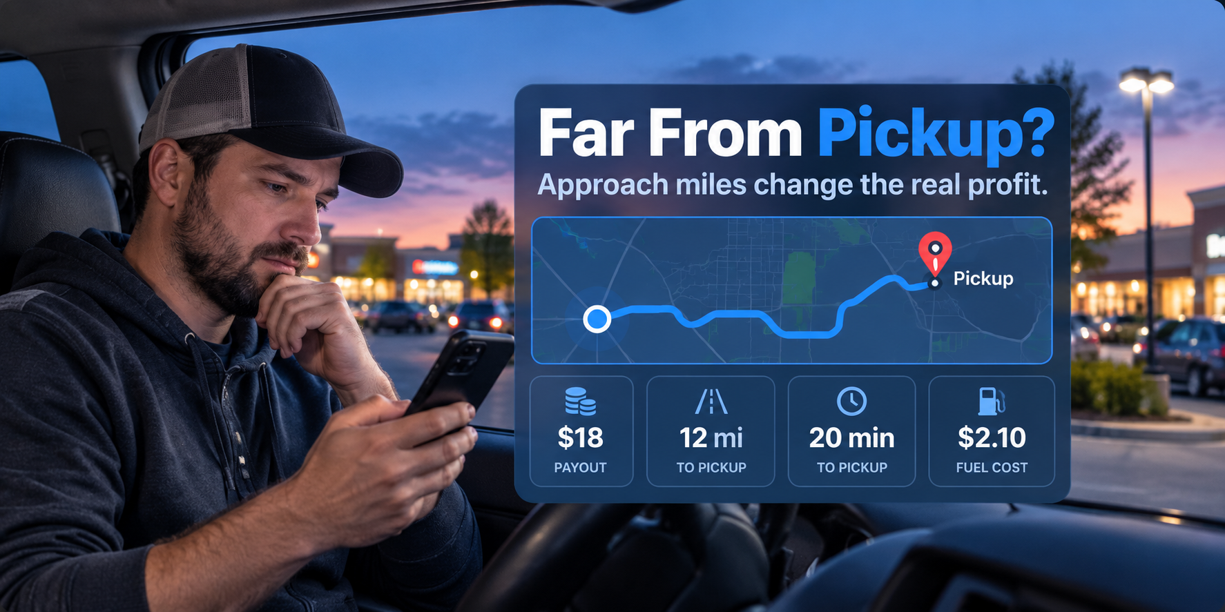 Driver checking a phone map with a long drive ahead to the restaurant pickup point
