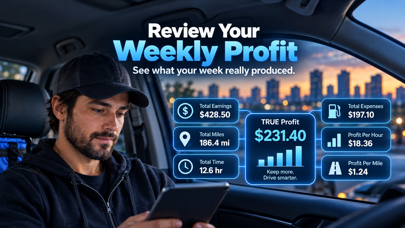 Driver reviewing a week of delivery earnings and costs on a phone and notepad