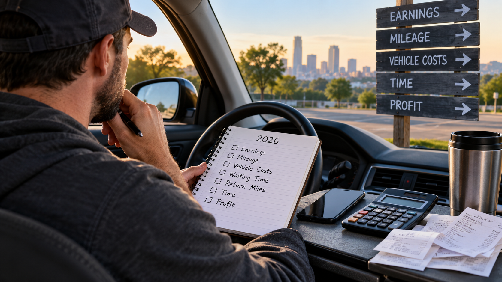 Delivery driver evaluating earnings, mileage, vehicle expenses, time, and profit to decide whether gig delivery is still worth doing in 2026.