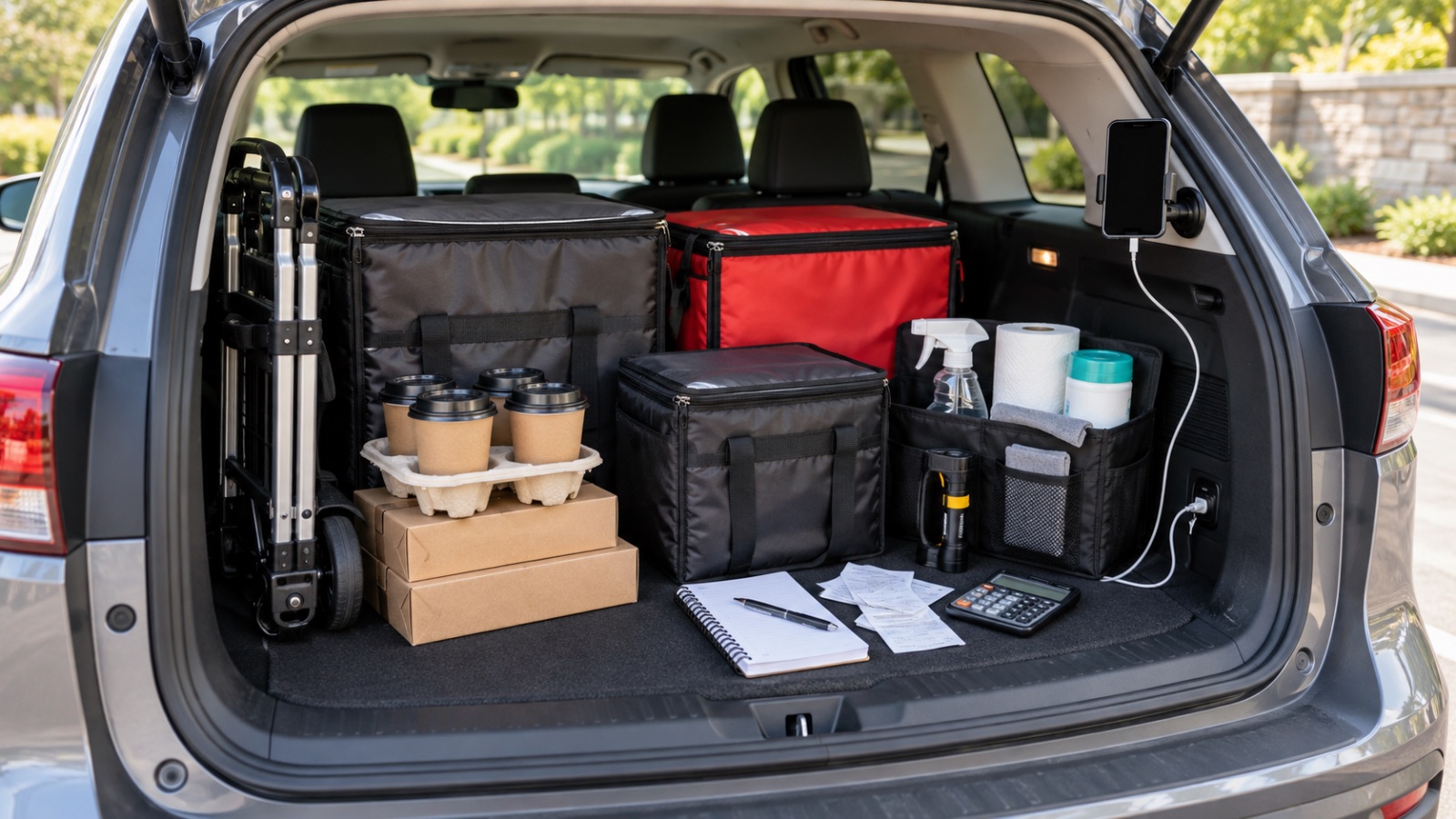 Delivery driver reviewing insulated bags, drink carriers, delivery supplies, receipts, and business expenses beside a parked vehicle