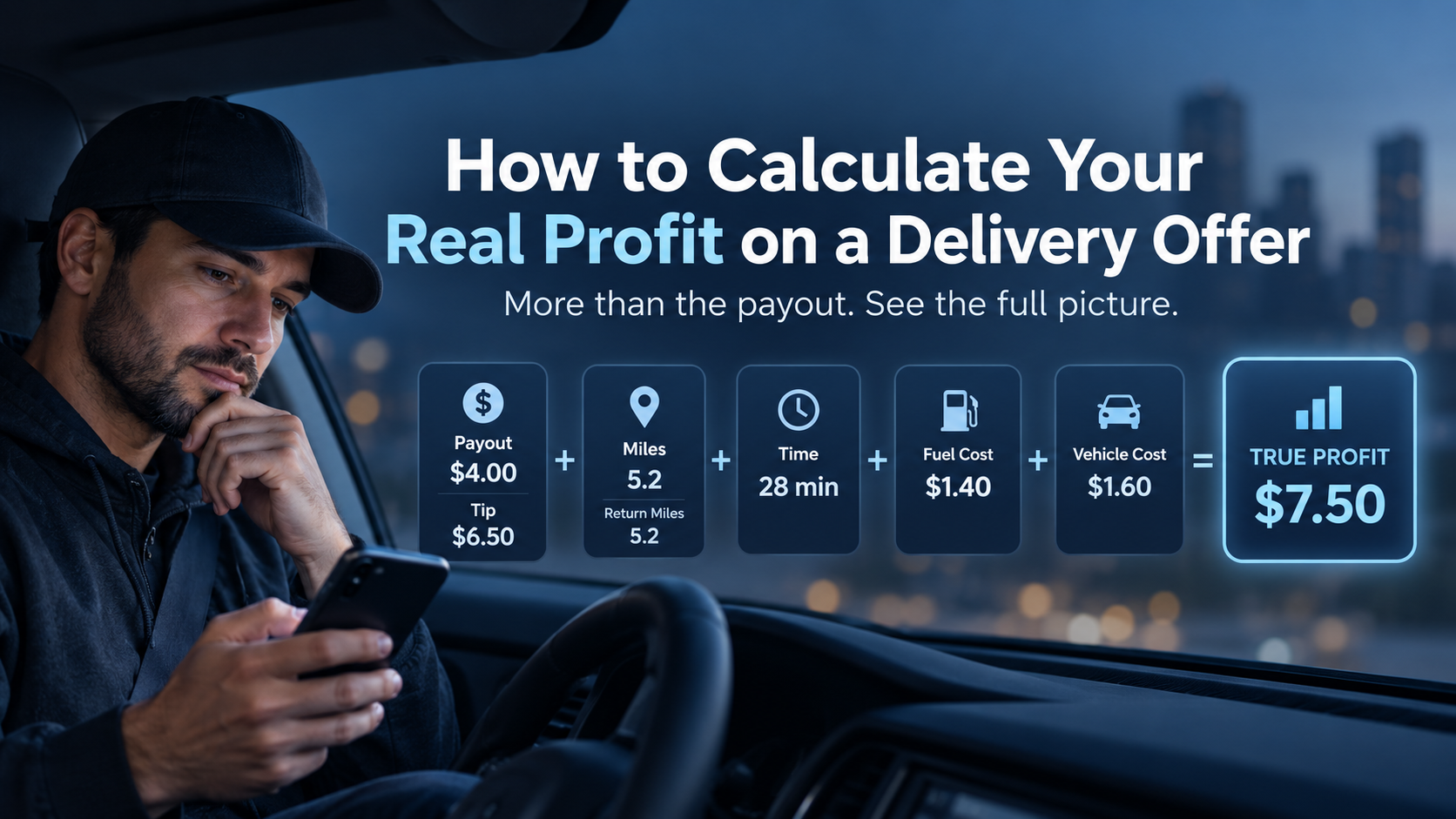 Driver working out payout minus fuel, mileage and time to find true profit on an offer