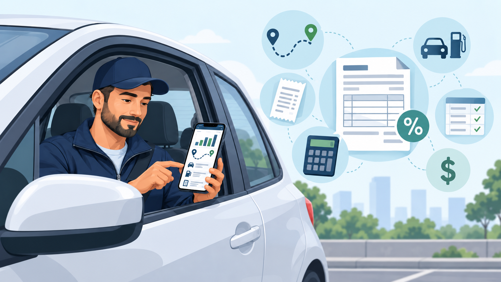 Delivery driver reviewing earnings, mileage, expenses, and tax records inside a parked vehicle