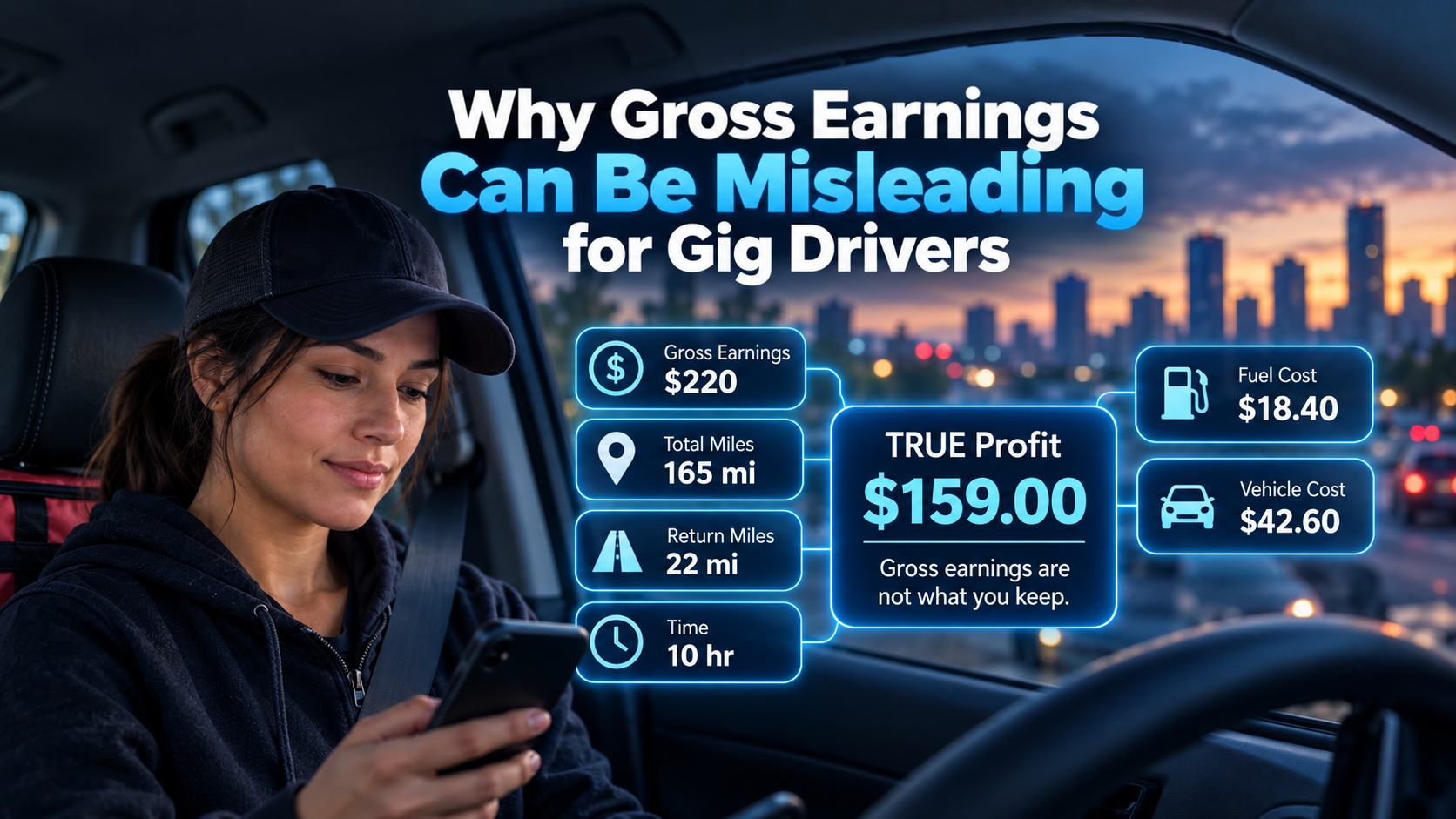 Gig driver looking at app earnings next to fuel and vehicle expense receipts