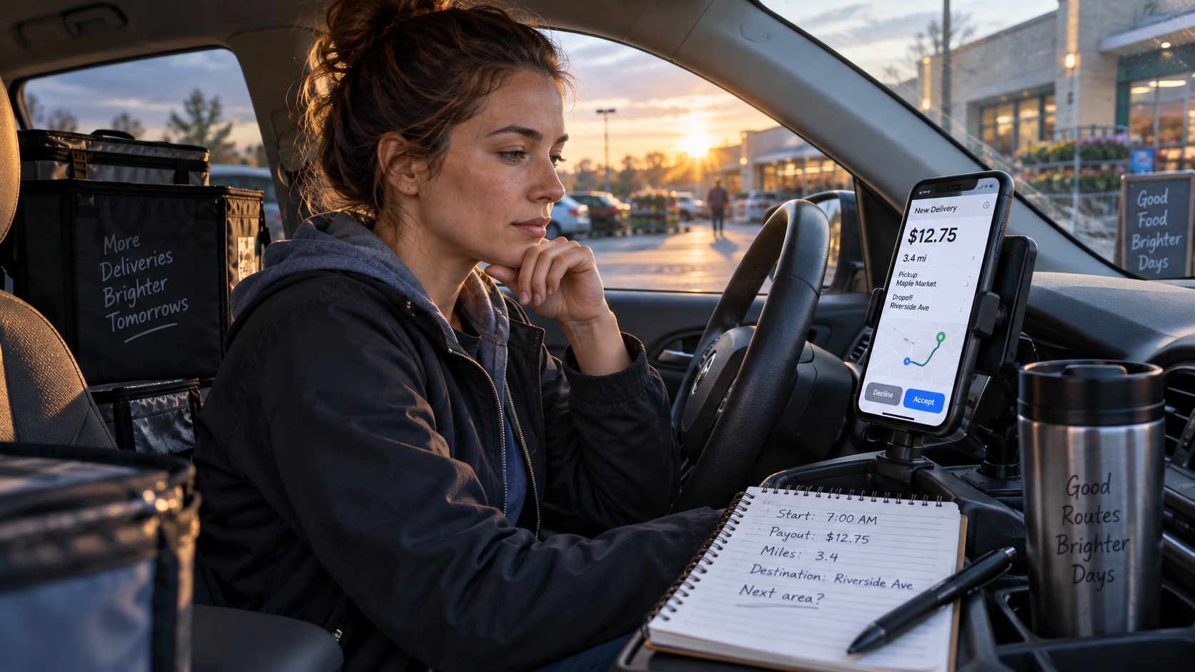 Delivery driver reviewing the first order of the day while considering payout, mileage, destination, and how the trip could affect the rest of the shift.