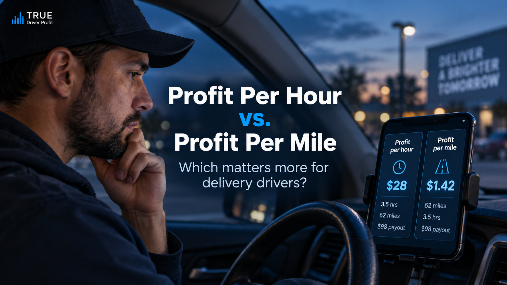 Clock and odometer side by side representing profit per hour and profit per mile