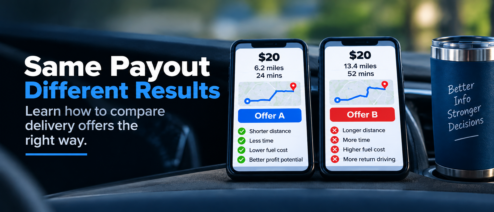 Two delivery offers shown side by side with the same pay but different miles and time