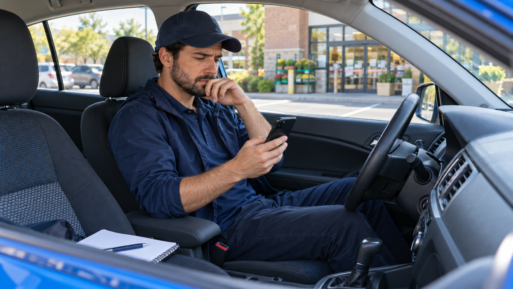 Delivery driver parked safely reviewing a cancellation notice on a phone beside a mileage notebook.