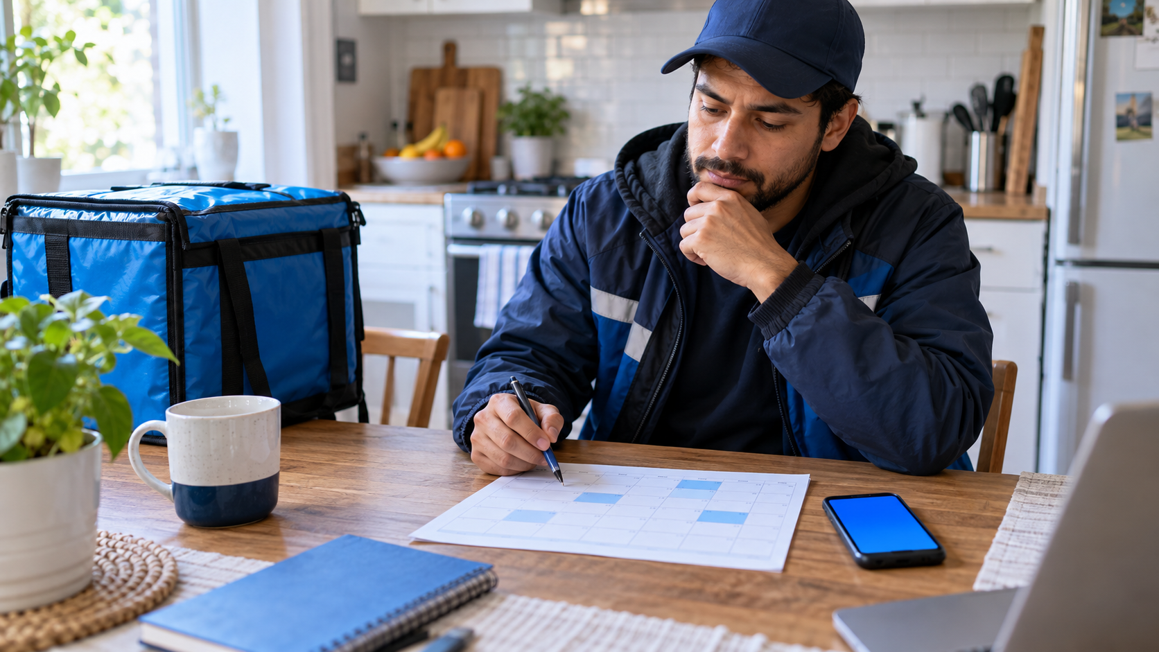 Delivery driver in a blue car comparing a shift schedule and earnings notes at a kitchen table.