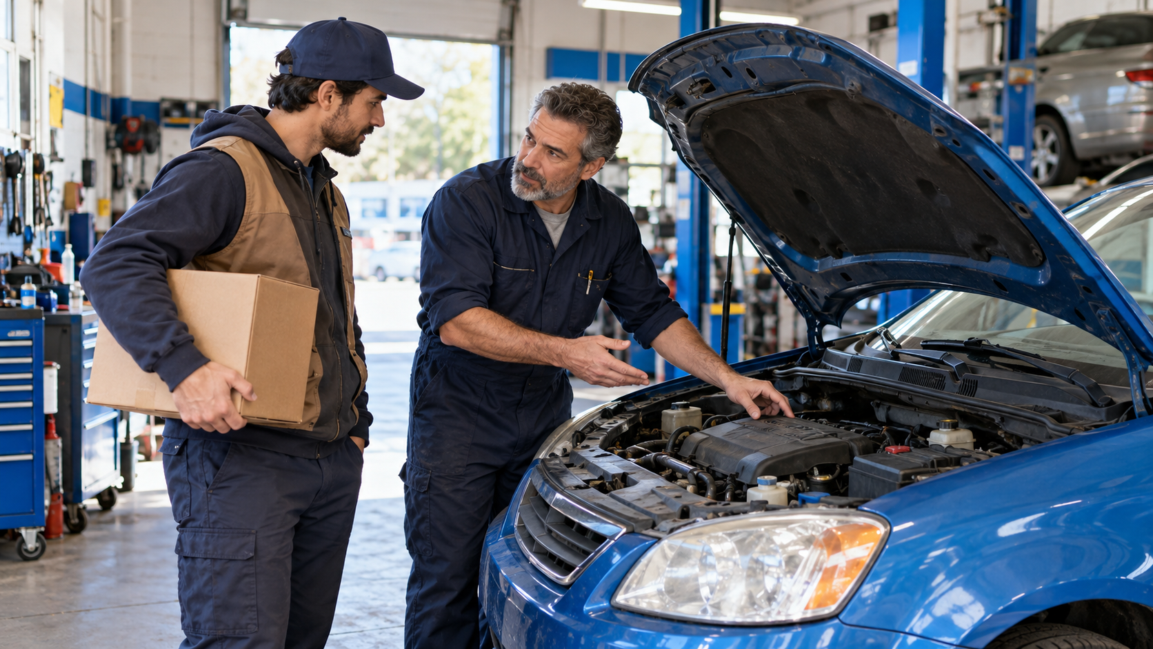 Delivery driver talking with a mechanic beside a blue high-mileage compact car in a repair shop.