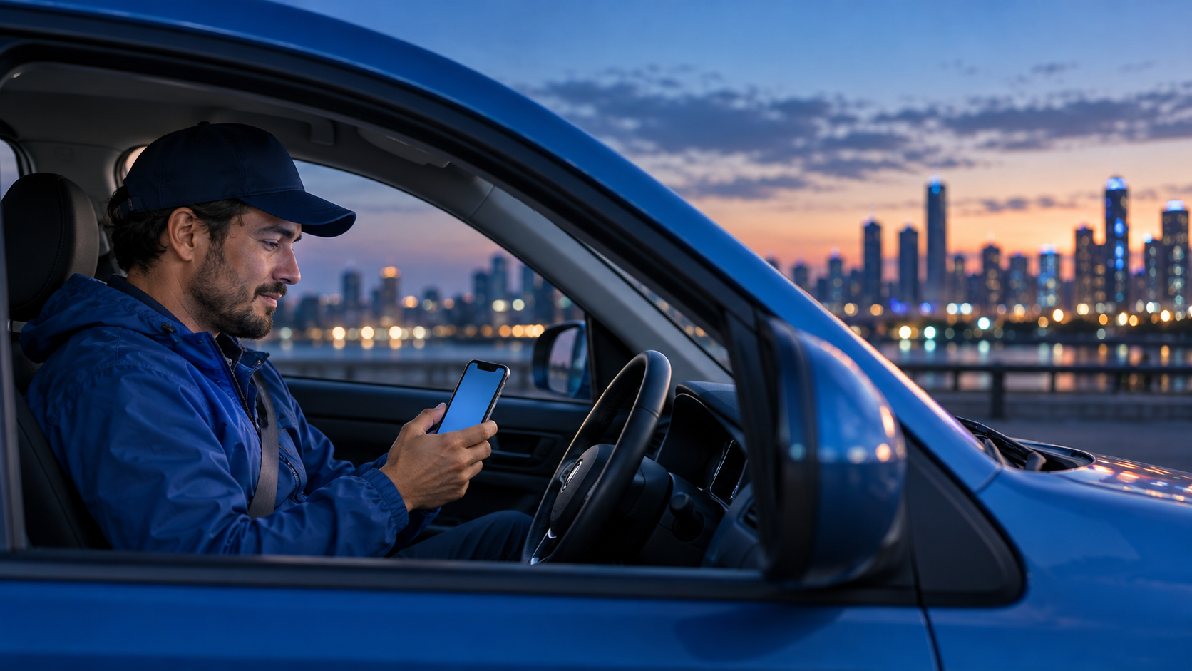 Delivery driver in a blue car reviewing a delivery app at dusk beside a clock, representing online and active work time.