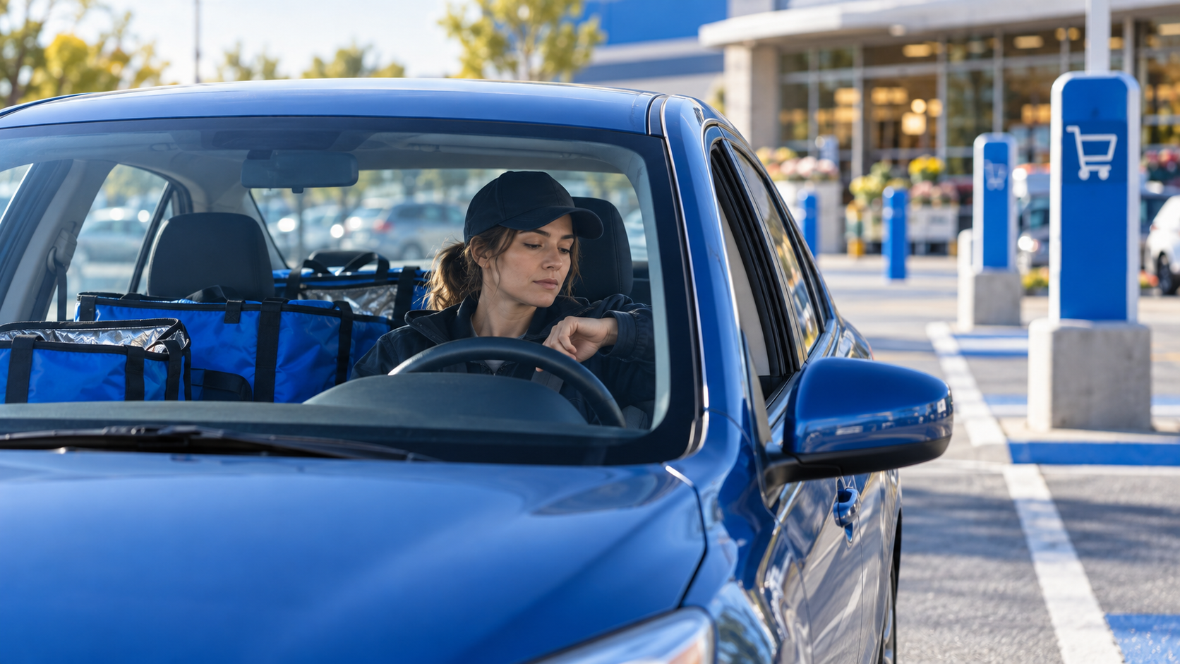 Delivery driver waiting in a blue car at a generic curbside pickup area and checking the time.