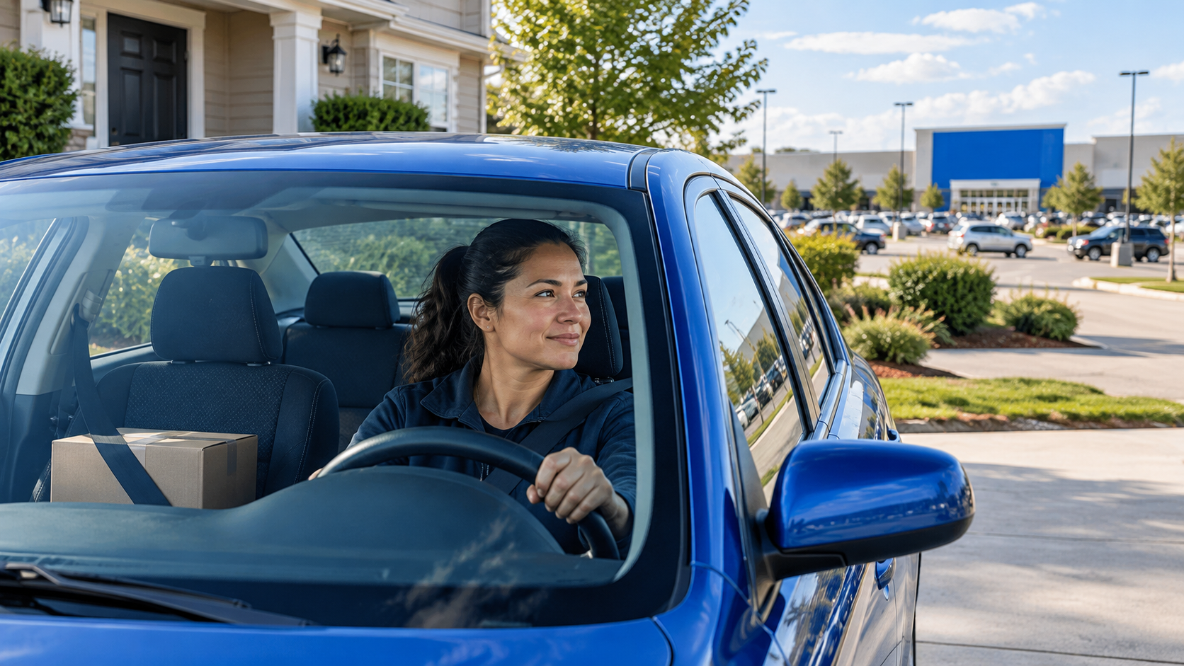 Delivery driver in a blue compact car preparing for a customer return trip near a generic big-box store.